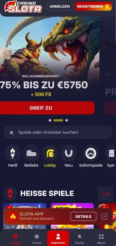 Mobile Ansicht der Slota Casino PWA mit Willkommenspaket und Spiele-Lobby