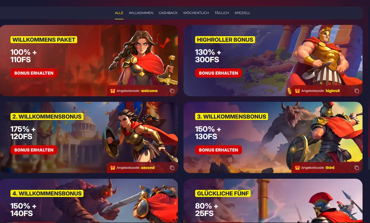 Bonusübersicht bei Slota Casino mit Willkommenspaket, Highroller-Bonus und Reload-Angeboten