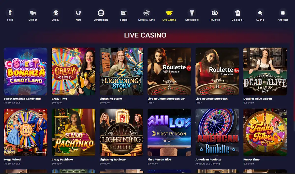 Live-Casino-Bereich von Slota Casino mit Tischen von Evolution Gaming und Pragmatic Play Live