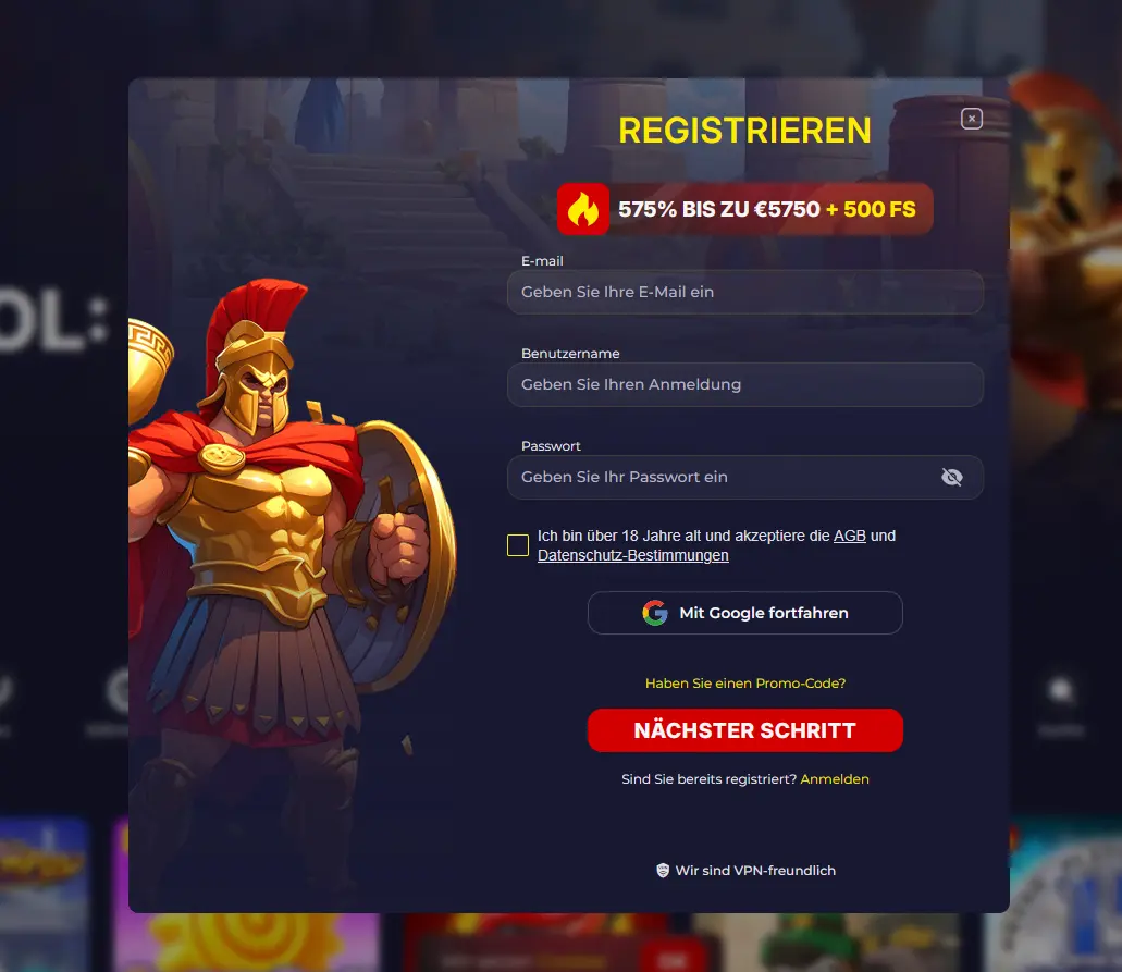 Registrierungsformular von Slota Casino mit Willkommenspaket-Anzeige